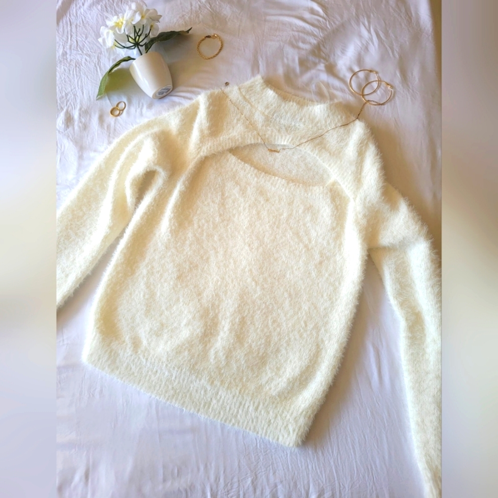 White Cut-out Sweet&Sinful Polyester Acrylic Woman's long sleeve fuzzy shirt
